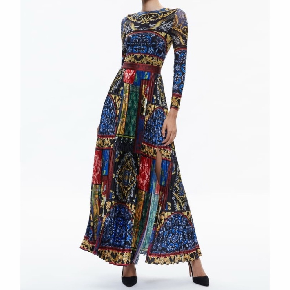 Alice + Olivia Ivey Pleated Maxi Dress After Sunset Floral Paisley Print Blue 0
